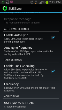Screenshot of SMSSync sync and task features
